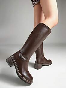 Chunky Heel Square Toe Solid Color Elastic Knee-High Slim Boots Tall Boots - Brown - View 8