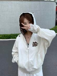 New Women's Autumn Clothing Loose Minimalist Casual American Style Patchwork Layered Leopard Print Hooded Sweatshirt Jacket Spring Thin - Grey - View 2