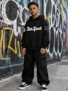 Boys And Teens, Black Hoodie And Black Cargo Pants Two Pieces Set; Creative Letter Print Pullover, Simple Casual Style Long Sleeve Long Pants Set For Boys - Black - View 2