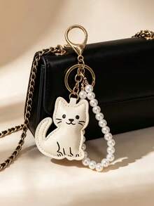 1 buah Gantungan Kunci Kulit PU Motif Kucing Tersenyum Kartun untuk Wanita dengan Rantai Mutiara Imitasi, Gantungan Kunci Tas, Ransel, Mobil, Jahitan Tangan, Hadiah Kecil Kreatif untuk Pecinta Kucing - MultiWarna - View 7
