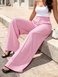 Calça feminina rosa de poliéster com modelagem flare e bolsos, comprimento longo e elasticidade média, ideal para um look estiloso. - Rosa chiclete - Visão 4