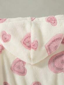 Girls' Soft Plush Flannel Hooded Coat With Heart Print, Full Zip, Mid-Length, Waist Tie, Thickened For Autumn/Winter - White - View 5