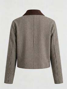 Double-Layer Lined Vintage Houndstooth Short Jacket For Women, Contrast Color Leather Lapel Single-Breasted Large Pocket Petite Jacket, Contrast Collar And Double-Button Design, Long Sleeve Fashion Outerwear - Multicolor - View 7