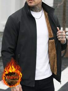 Men's Jacket, Autumn/Winter Thermal Lined Solid Color Minimalist Men's Jacket, Outdoor Casual Style Fashion Versatile Jacket - Black - View 2