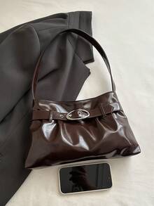 1 buah Tas Tote Wanita Kapasitas Besar Warna Solid PU dengan Tali Gesper Cokelat Kopi, Tas Bahu Wanita - Coffee Brown - View 4