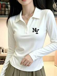 Polo Collar V-Neck Design Long Sleeve Top With Side Ruched Waist, Flattering Fit, NY Letter Print, Cropped Length, Versatile Style - White - View 1