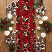 1pc Christmas Red Berry & Pine Branch Print Table Runner, Suitable For Holiday, Party, Birthday, Dinner, Restaurant Table Decor, Christmas Home Decoration - Multicolor - View 4