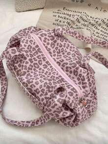 Pink Leopard Print All-Over Pattern Tote Bag, Wide Handle Shoulder Carry, Large Capacity Storage For Laptop, Makeup And Personal Items, Zipper Closure, Sweet Cool Style, Boston Underarm Tote Bag, Women's Daily Use For School, Shopping And Outings - Pink - View 6