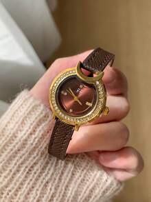 1pc Coffee Brown PU Strap Coffee Dial Rhinestone Bezel Minimalist Scale Exquisite Women's Quartz Watch, Suitable For Daily Wear - Coffee Brown - View 6