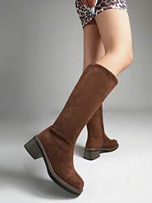 Botas de montar de tacón medio, nuevas para otoño/invierno, diseño minimalista y versátil para mujer, para fiesta - Café integral - Ver 10