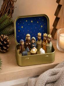 1 Set - Christmas Nativity Scene Set In Tin Box, Christmas Nativity Scene Set, Jesus Statue, Suitable For Holy Family, Statue Tin Box Set, Handmade Small Nativity Scene Set, Holiday Decoration, Gift For Friends, Nativity Scene Set - one-size - View 5
