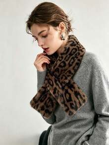 1pc Women's Vintage Warm Knitted Knitted Button Neck Warmer, Fashion Versatile Split Neck Scarf, Leopard Print Cold-Proof Neck Protector Shawl, Autumn/Winter - Leopard - View 2