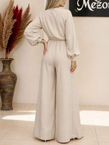 Jumpsuit Kasual Minimalis Lengan Panjang Warna Polos Leher V Elegan untuk Wanita Musim Semi/Gugur - Aprikot - View 2