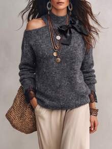 2026 Autumn/Winter New Women's Grey Bow Design Cold Shoulder Pullover Sweater, Party Outfit, Commute Wear, Birthday Outfit, Outing Sweater, Date Night Essential, Thanksgiving Top, Back To School Knit Top - Dark Grey - View 3