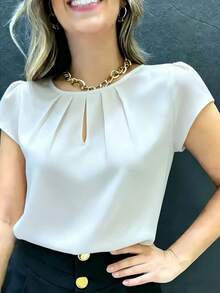 1pc Elegant Short Sleeve Solid Color Woven Fabric Pleated Decor Women's Top, Suitable For Vacation, College, Home, Dating, Spring And Summer Wear - White - View 1
