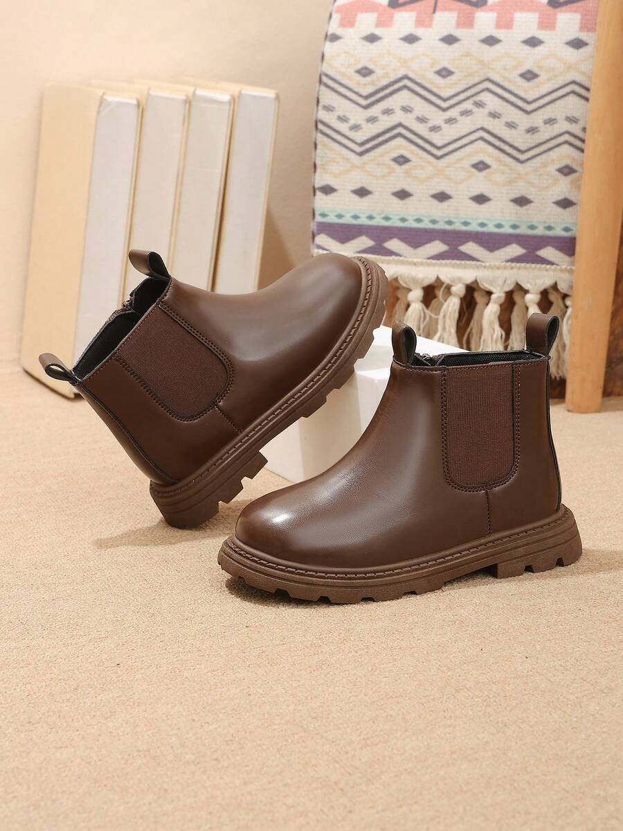 1 Pair Kids Chelsea Ankle Boots, Soft PU + Elastic Fabric, Round Toe, Thick Sole, Inner Zipper Design, Classic British Style Boots, Suitable For Boys And Girls Students Daily School, Vacation, Autumn/Winter New Arrival