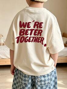 Baby Boy Vintage Burgundy Slogan Print T-Shirt, Breathable Round Neck Loose Short Sleeve Casual Top - Apricot - View 2