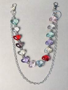 1pc Heart-Shaped Artificial Crystal Double Layer Chain Waist Chain Punk Hip Hop Unisex Pocket Chain Keychain Wallet Chain Luxury Accessory Holiday Gift - Multicolor - View 2