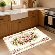 1件裝復古法式玫瑰圖案印花仿羊絨廚房地墊，吸水廚房地毯，長條走道墊，水槽前墊，適用於廚房、浴室、玄關、走廊、洗衣房與居家裝飾 - 彩色 - 查看 5