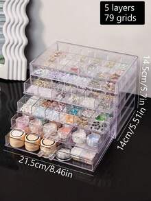 1 pieza Caja de almacenamiento de decoración de uñas con rhinestones de múltiples funciones, práctica y de moda, de acrílico transparente y multicapa, adecuada para anillos, aretes, collares, pulseras y otras joyas, decoración de habitación 45FY - Nivel 5-120 celdas - Ver 13