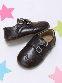Girls' Simple British Style Dark Brown Carved Double Buckle Hook & Loop Mary Jane Shoes, Suitable For Autumn Family Gatherings And Weekend Outings - Chocolate Brown - View 4