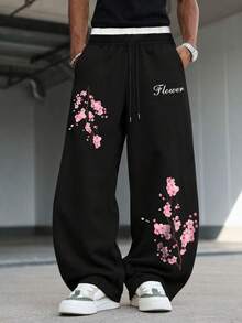 SU ER Double Waist Design Elastic Waist Drawstring Casual Pants For Men, Comfortable Fabric, Loose Fit, Drapey Lazy Wide Leg Pants - Black - View 3