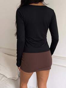 Women's Casual Slim Fit Fleece Long Sleeve Button Top, Round Neck, Soft Warm Black Tee, Fall Winter Daily Wear, Layering Shirt - Black - View 5