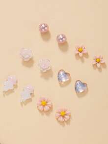 6 Pairs Cute Daily Style Women's Stud Earrings Set, Floral & Jellyfish Pattern Earrings Combination, Suitable For Casual, Outing, Dating Jewelry - Multicolor - View 3