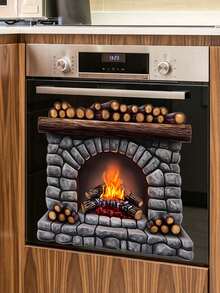 Simulation Firewood Fireplace Wall Sticker, Removable Self-Adhesive PVC Waterproof Sticker, Christmas Winter Atmosphere Decoration, Vintage Brick Flame Pattern, Home Makeover Sticker For Living Room, Fridge, Oven And More - Wall Stickers - View 10