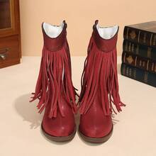 Sepatu Boots Anak Perempuan Gaya Western dengan Rumbai, Hak Tinggi, Nyaman dan Serbaguna, Desain Colorblock, Ujung Runcing, Resleting Samping, Panjang Tengah Betis, Kasual - Merah - View 4