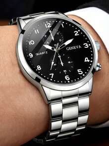 2pcs/Set Men's Fashion Stainless Steel Quartz Watch And Bracelet, Suitable For Party And Formal Occasions, Perfect Holiday Gift - Silver - View 2