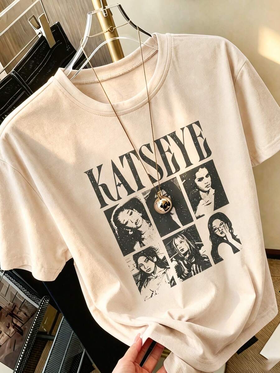 1pc Tween Girl Printed Short Sleeve T-Shirt, Student Youth Clothing, Summer Gift - Apricot - View 1