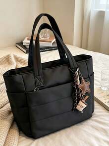 Women's Large Capacity Tote Bag, Horizontal Quilted Padded Grid Texture Stitching Decor, Nylon Fabric Material, Reinforced Extended Handle Strap, Open Design, Casual Style, Suitable For School, Work, Travel, Shopping, Commuting, Multi-Functional Daily Shoulder Bag - Black - View 7