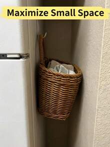 1pc Woven Hanging Basket Wall Mounted Storage Basket, Boho Rattan Hanging Wall Organizer For Plant Lovers, Space Saving Basket For Living Room Bathroom Kitchen Entryway, Hanging Decor Storage For Remote Control Sundries Accessories, Natural Farmhouse - View 5