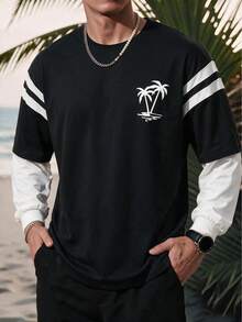 Men's Spring/Autumn Coconut Tree Print Loose Fit Faux Two Pieces Patchwork Crew Neck Long Sleeve T-Shirt - Black - View 1