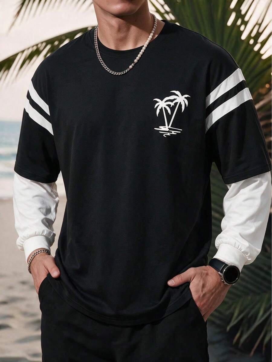 Men's Spring/Autumn Coconut Tree Print Loose Fit Faux Two Pieces Patchwork Crew Neck Long Sleeve T-Shirt - Black - View 1