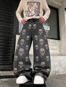 LIYS Men's Vintage Skull Print Wide Leg Loose Fit Jeans, Washed Grey Loose Denim Pants - Light Grey - View 6