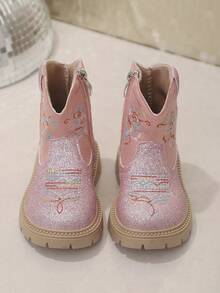 1雙嬰幼兒兒童刺繡西式舒適輕量平底靴，適合秋冬日常戶外穿著 - 粉色 - 查看 6