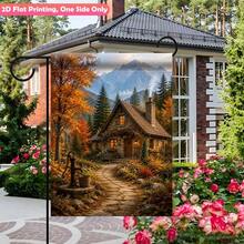 1 Pc Garden Flag, Stone Cottage Golden Autumn‑Tree Snow‑Mountain Print, Stone Path Old Well Floral Details, Flag Only No Pole, For Yard Outdoor Decor - A - View 5
