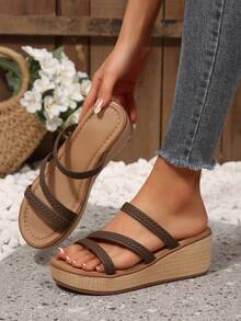 Spring/Summer New Vintage Classic Wedge Heel Thick Sole Sandals For Women, Casual Comfortable Open Toe Outdoor Wear - Coffee - View 2