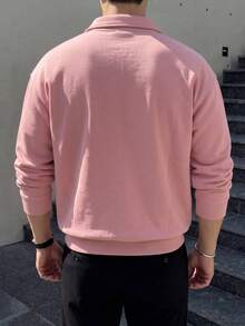 1件男士半拉鍊翻領薄款長袖純色運動衫 - 粉色 - 查看 3