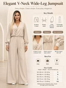 Jumpsuit Kasual Minimalis Lengan Panjang Warna Polos Leher V Elegan untuk Wanita Musim Semi/Gugur - Aprikot - View 4
