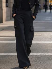 Women's Black Non-Stretch Polyester Wide Leg Pants With Utility Pocket Details - Black - View 1