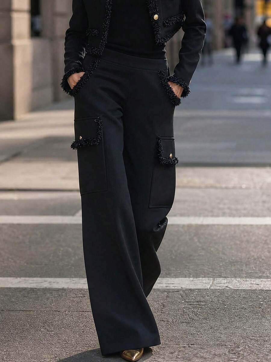 Women's Black Non-Stretch Polyester Wide Leg Pants With Utility Pocket Details - Black - View 1