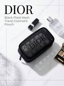 Christian Dior Black Portable High‑End Textured Plaid Mesh Cosmetic Bag, Minimalist Travel Toiletry Pouch For Makeup Accessories - Black - View 1