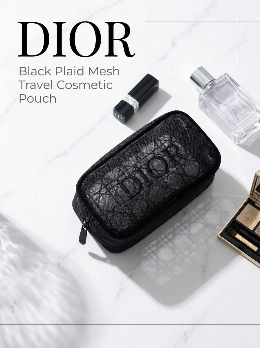 Christian Dior Black Portable High‑End Textured Plaid Mesh Cosmetic Bag, Minimalist Travel Toiletry Pouch For Makeup Accessories - Black - View 1