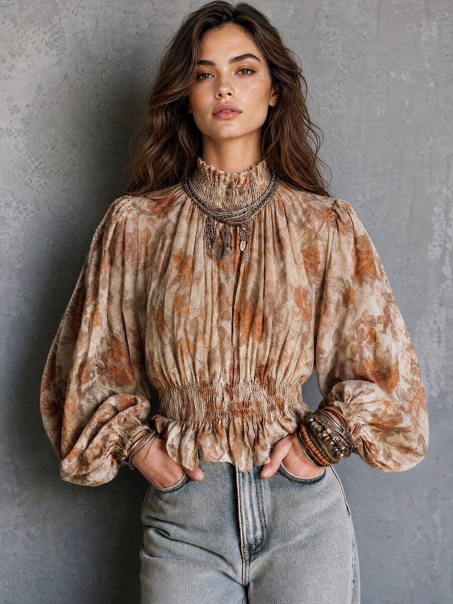 Vintage Bohemian Floral Print Cinched Waist Chiffon Women's Blouse With Floral Print Chiffon Ruffle Trim Pleated Hem For Dating And Daily Wear In Autumn - Orange - View 1