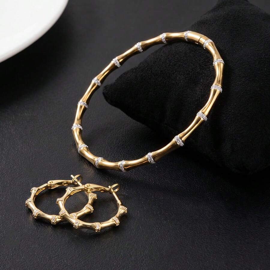 2pcs Elegant 18K Gold Plated White Diamond Bamboo Knot Bracelet & Earrings Jewelry Set, Suitable For Women's Daily Wear, Party And Banquet, Exquisite Gift - Gold - View 1