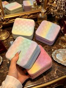 1pc Portable Travel Mini Jewelry Box, Leather Jewelry Ring Storage Box, Gradient Color Grid Storage Box, Gift Box, Jewelry Box, Meets Daily Jewelry Storage And Travel Needs, Mini Storage Box Can Be Shared With Family, Convenient For Daily Use. - Multicolor - View 4