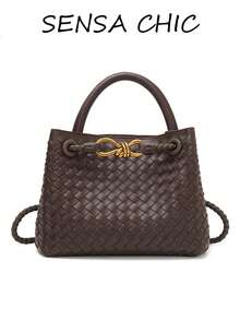 Handmade Woven Texture Handbag With Metal Rope Knot Buckle Decoration, Dual-Use Tote And Crossbody Bag For Makeup, Phone And Personal Items, Rope Buckle Closure, Light Luxury Vintage Style, Small Tote Bag For Women, Suitable For Dating, Commuting, Party And Travel - Coffee - View 6